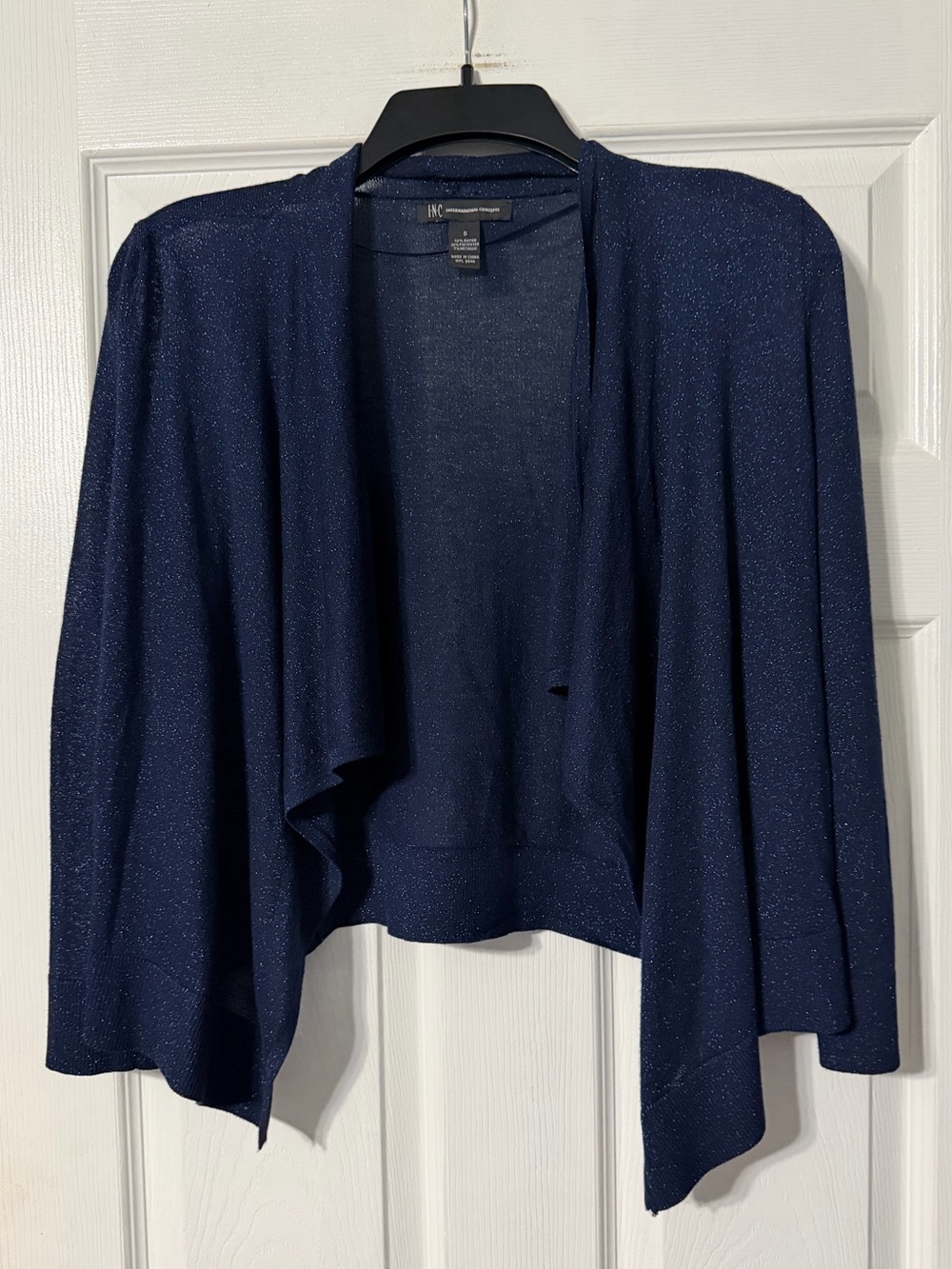 INC International Concepts Navy Sparkle Open-Front Shrug